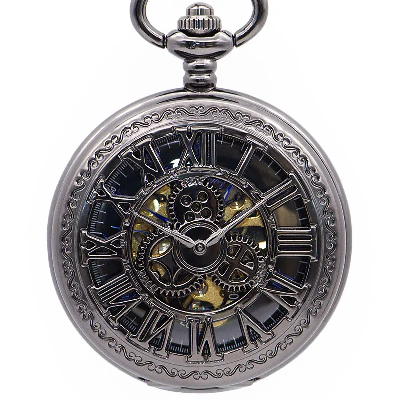 

High Quality Mechanical Self Wind Quartz Pocket Watches Skeleton Dial Gear Roman Numbers Fob Gift for Men Women PJX1361