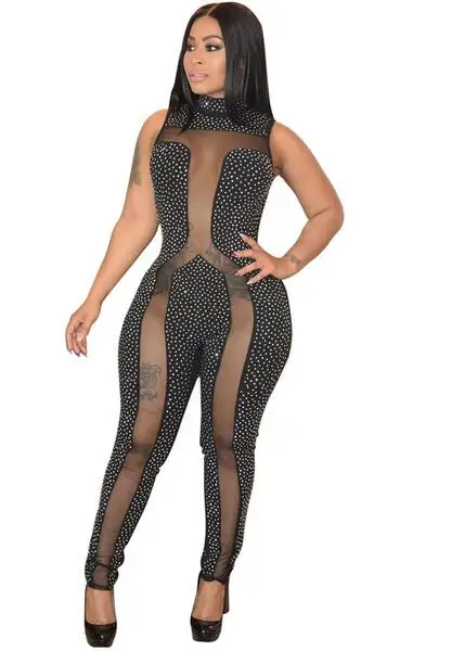 

Rhinestone Jumpsuit Women Summer Sleeveless Sheer Mesh Patchwork Club Jumpsuit Long Pants Romper Party Jumpsuits Catsuit DW669