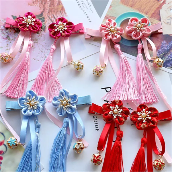 8pair/lot Fashion Multi Style Girls Hair Clips Chinese Traditional Princess Tassels Flower Hair Side Clips Kids Hair Accessories - Цвет: mixed colors