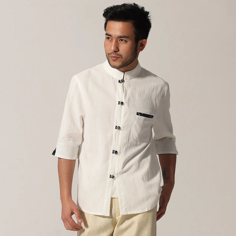 High Quality White Chinese Men's Cotton Linen Shirt Kung Fu Shirt Top ...