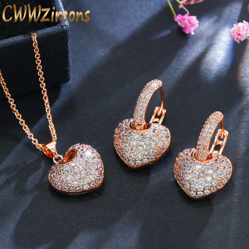 CWWZircons Micro Pave кубический цирконий розовое золото цвет сердце серьги кольца и ожерелье известный бренд Ювелирные наборы для женщин T082