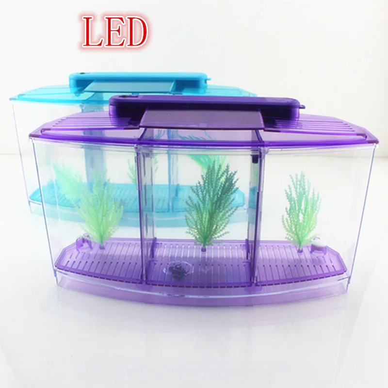 Acrylic Aquarium Betta Fish Tank Triple Bow Three Splits LED Light Fighting isolation hatch breed box Reptile cage turtle house