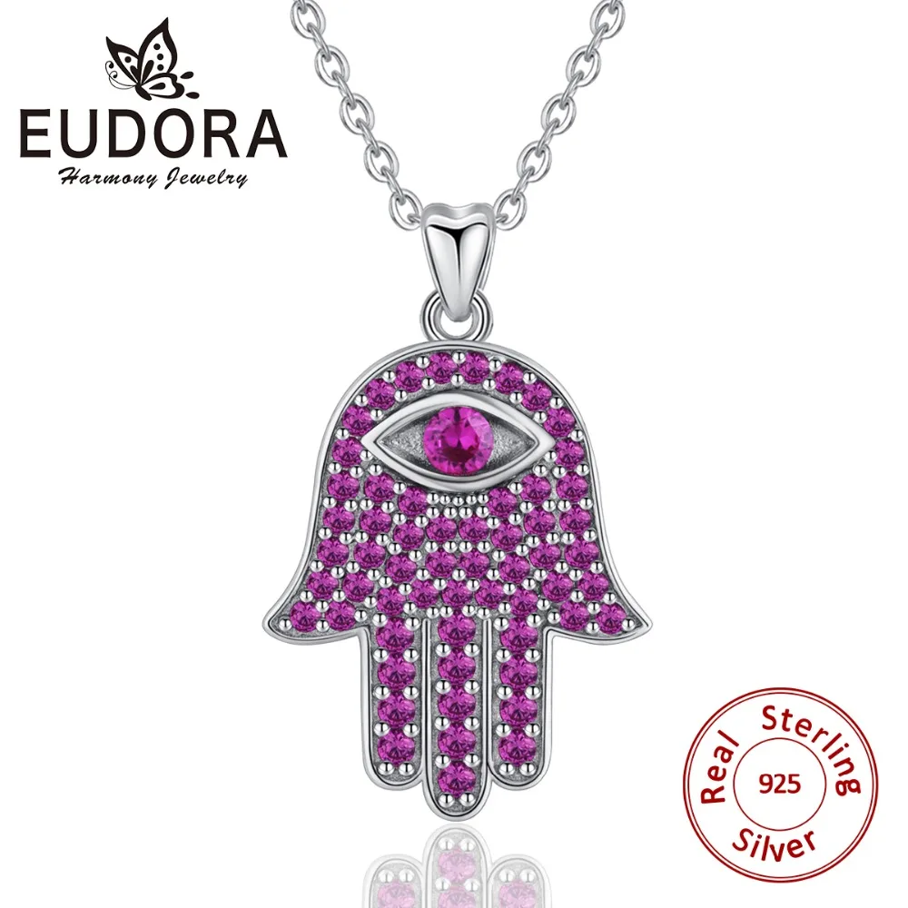 EUDORA 925 Sterling Silver Hamsa Hand Pendant Necklace Good Luck Purple CZ Charm Fine Jewelry Girl Birthday Surprise Gift D389 | Украшения