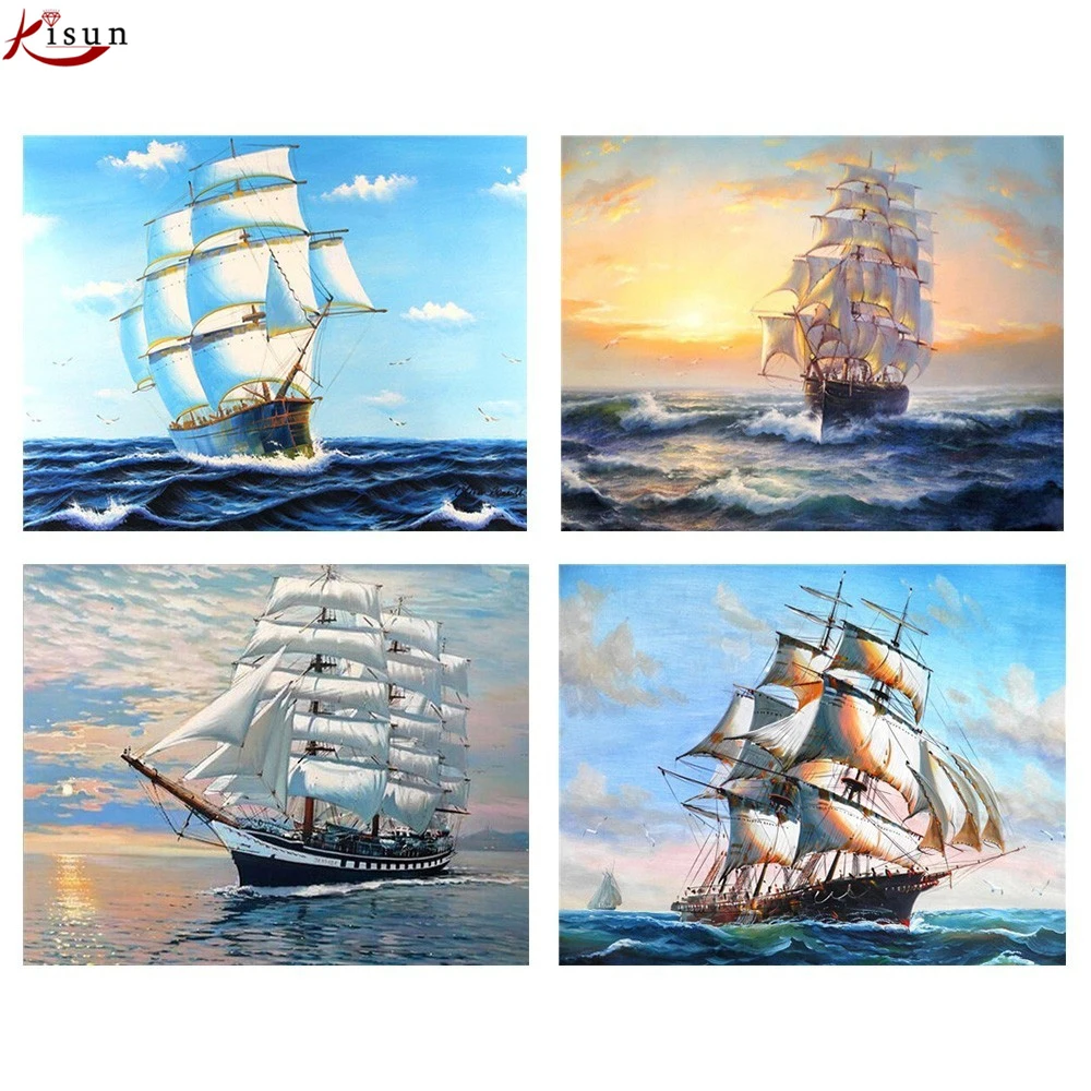 Kisun 5D квадратная мозаика алмазная вышивка картина корабль в море стразы наборы