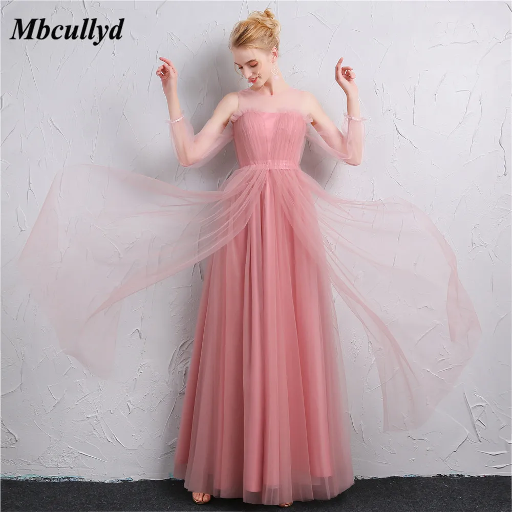 

Mbcullyd 2018 Sweet Pink Bridesmaid Dresses Plus Size A Line Sheer Scoop Neck Girls Long Sleeves Dress For Wedding Party Cheap