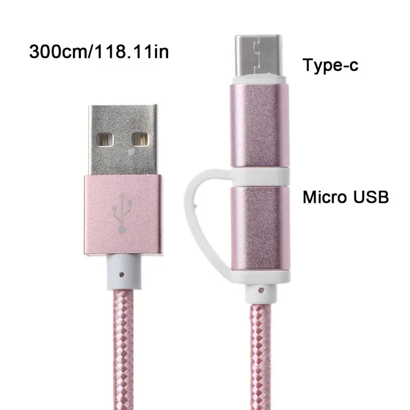 2в1 автомобильный Micro usb type C кабель передачи данных для быстрой зарядки для samsung Oneplus Xiaomi huawei htc SONY Автомобильный Кабель - Название цвета: 3m Rose gold