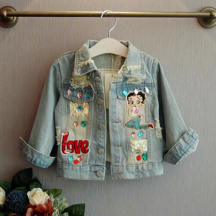 Джинсовая куртка с блестками для девочек детская верхняя одежда Детское пальто