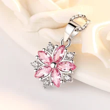 Fashion 925 Sterling Silver Flower Pendant Necklace Women Pink White Cubic Zircon Crystal Long Chain Necklace 925 Silver Jewelry elegant crystal zircon pendant necklace silver white red