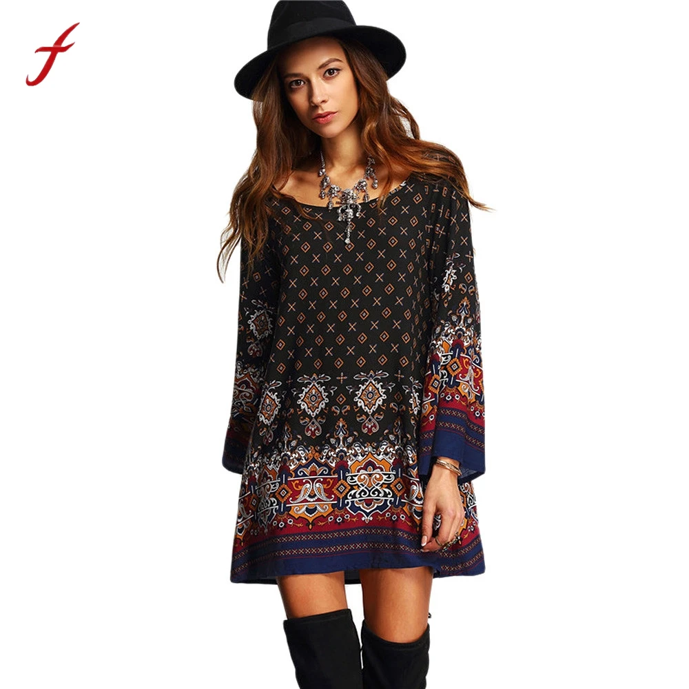 

Fashion Summer Dress Women Long Sleeve Vintage Bohemia Style Printed Womens Casual Loose Party Beach Dresses Boho Vestidos
