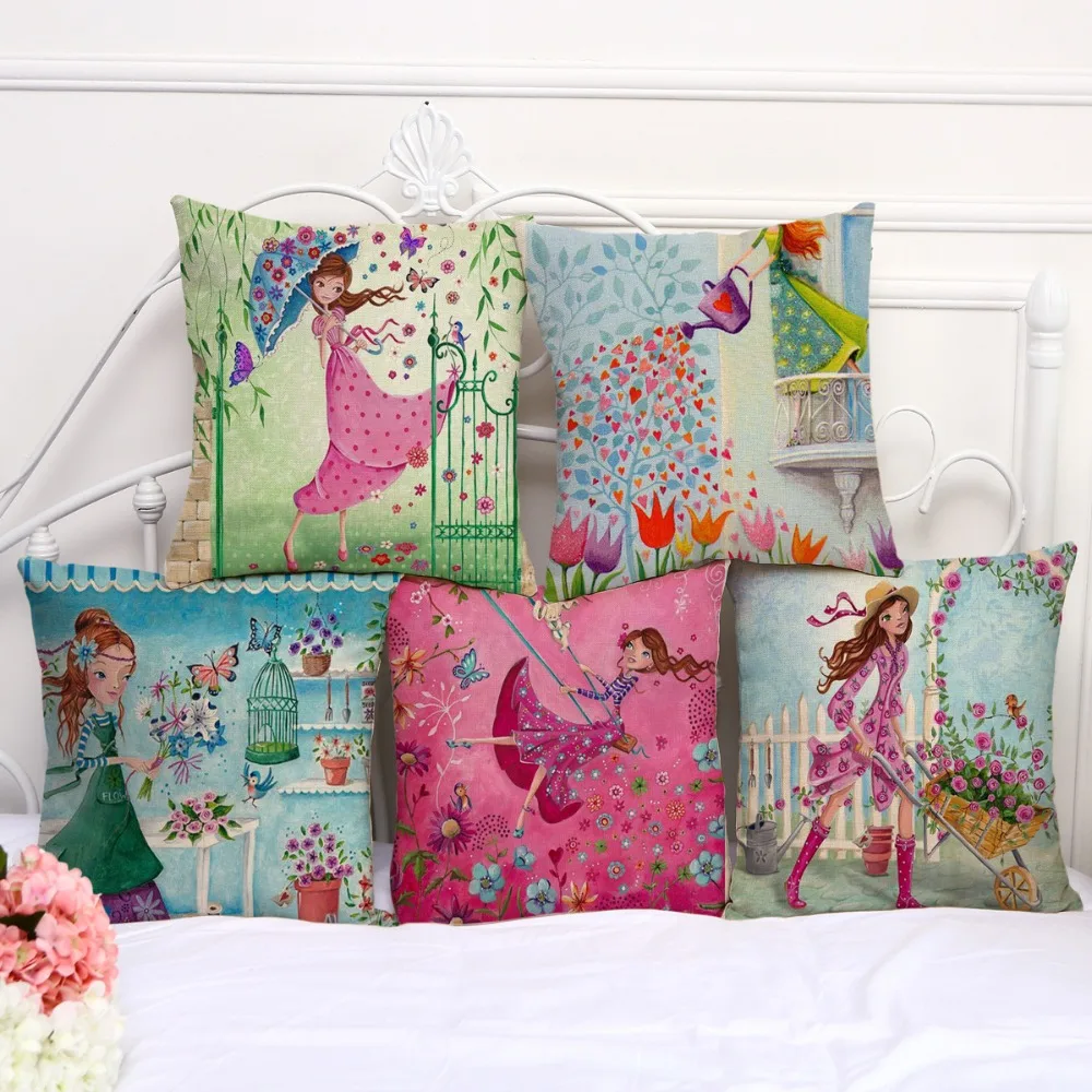 

Scandinavian Girl Floral Pillow Covers Seat Decorative Waist Vintage Throw Pillow Case