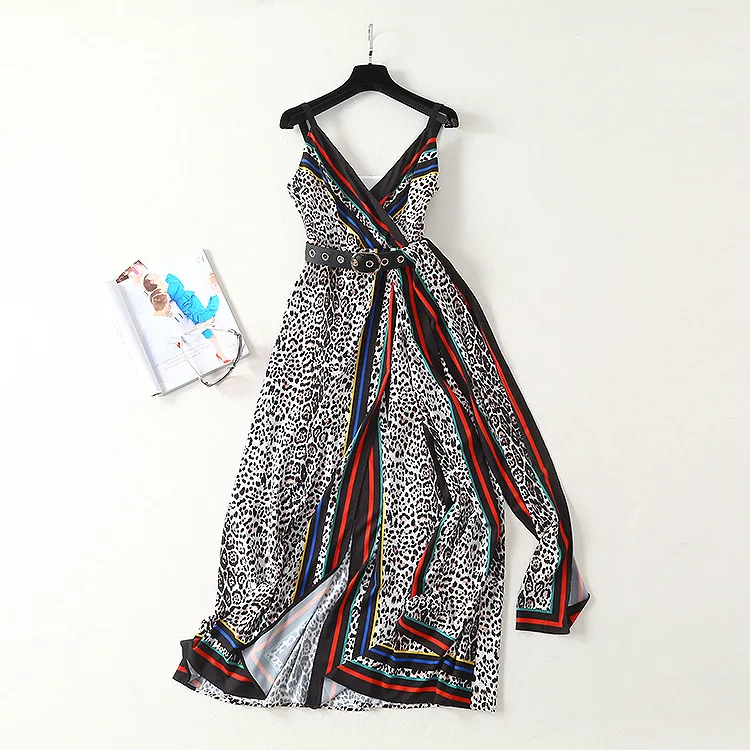 

European and American women's fashion 2019 spring new style Condole belt Fashion leopard print stripes Slit dress