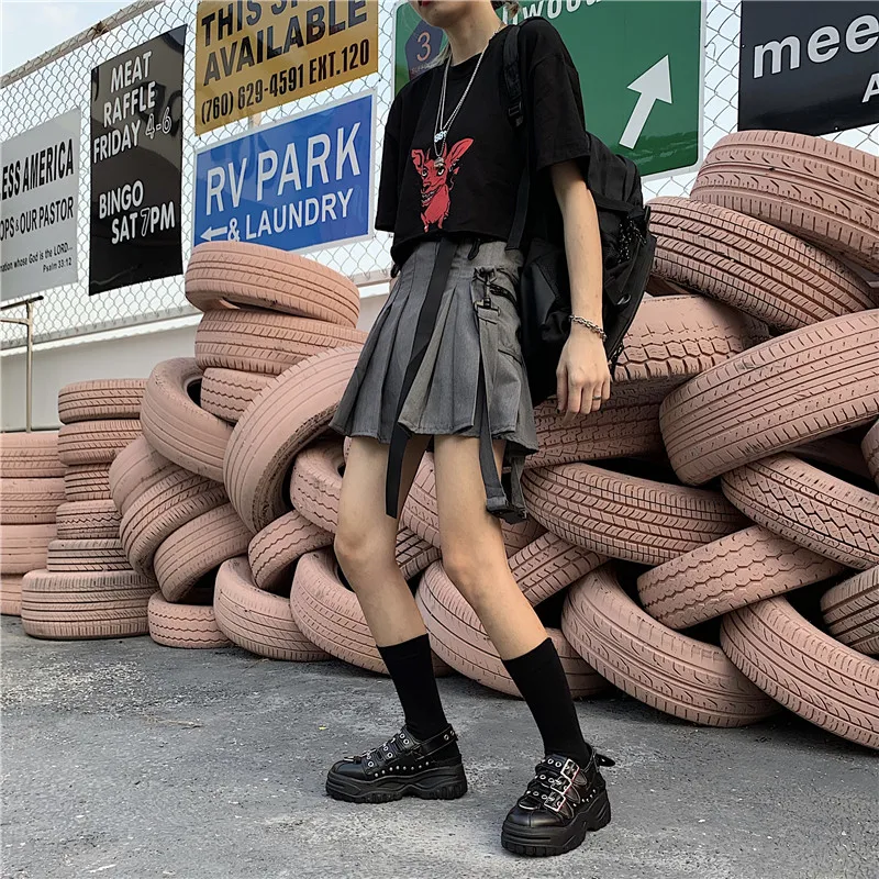 Элегантная плиссированная мини-юбка с завышенной талией на молнии и ленточным карманом в Корейском стиле Харадзюку для женщин в готическом стиле, в стиле хип-хоп, в стиле панк