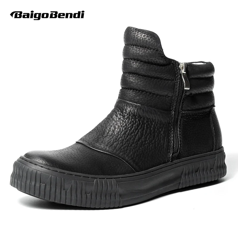 

Pure Black Litchi Grain Genuine Leather Mens Winter Boots Zip Ridding Boots Man Trendy Soft Martin Boots Retro Shoes
