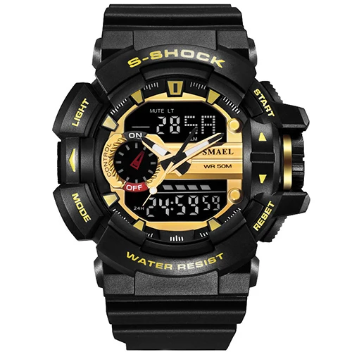 SMAEL лучший бренд Роскошные мужские спортивные цифровые часы с двойным дисплеем мужские спортивные ударопрочные кварцевые часы военные наручные часы - Цвет: black gold