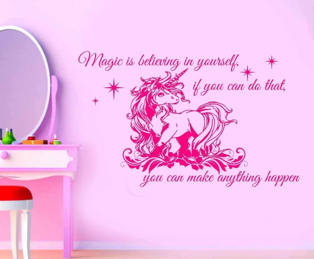 

120X73cm Unicorn With Quote Girls Bedroom Large Wall Art Sticker Classic Cartoon Baby Wall Decals adesivo de parede Mural A218