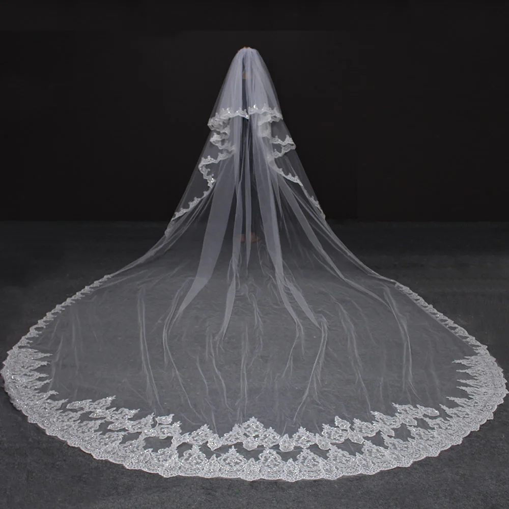 High Quality 5 Meters Neat Sparkle Sequins Lace Edge 2T Wedding Veil with Comb 5M Long Luxury 2 Layers Bridal Veil