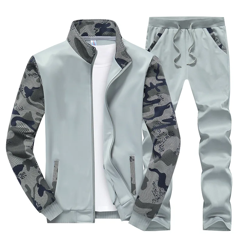 Men track suit set Camouflage casual Sportswear male solid Tracksuits Zipper Jacket Coat Pant Jogger Tracksuit Two Piece - Цвет: EM054 light grey