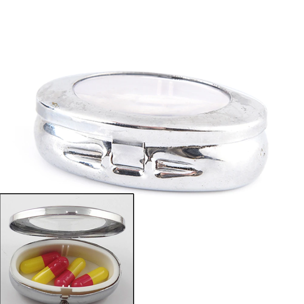 Sliver Metal Round Transparent Pill Case Medicine Organizer Container