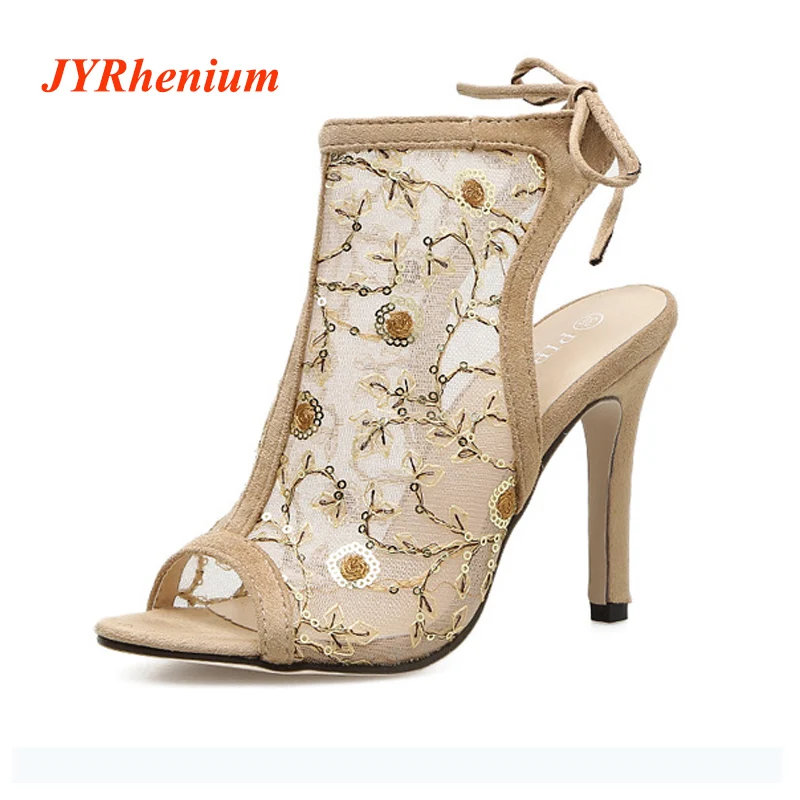 

JYRhenium 2018 New Arrival Elegant Sexy Thin Heels Women Sandals Boots High Heels For Ladies Shoes Black Beige Free Shipping