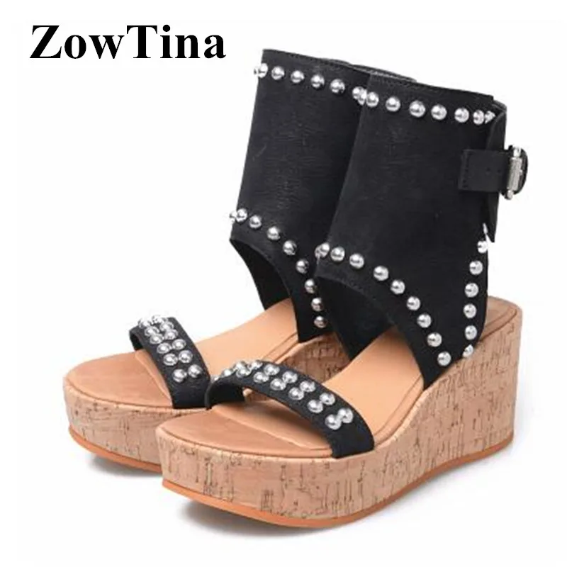 Women Platform Gladiator Sandals Top Cow Leather Wedge Bohemian