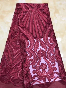 

African Beaded Lace Fabric 2019 High Quality Lace Material Wine French Lace Fabric Nigerian Tulle Mesh Lace Fabrics