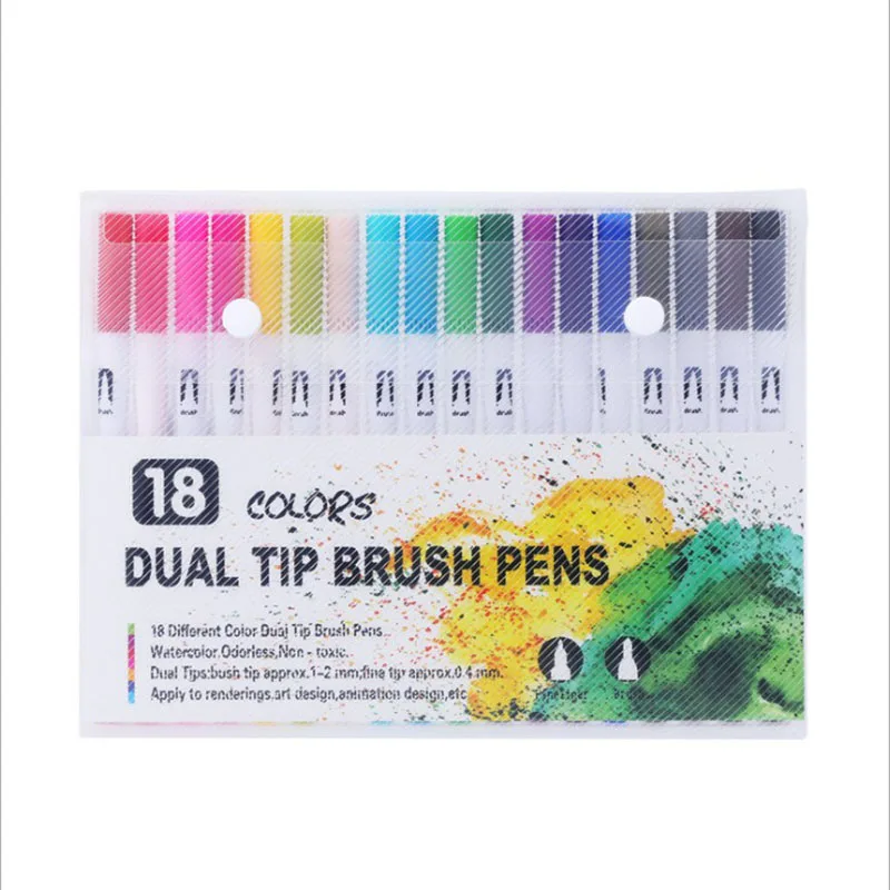 12/18/24/36/48/72/100PCS Colors FineLiner Dual Tip Brush Pens Drawing Painting Watercolor Art Marker Pens School Supplies - Color: 18colors