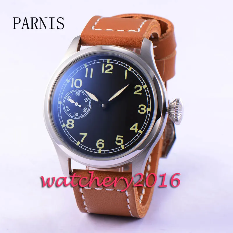 

47mm Parnis black dial stainless steel case 6497 Hand Winding movement Mens Wrist Watch