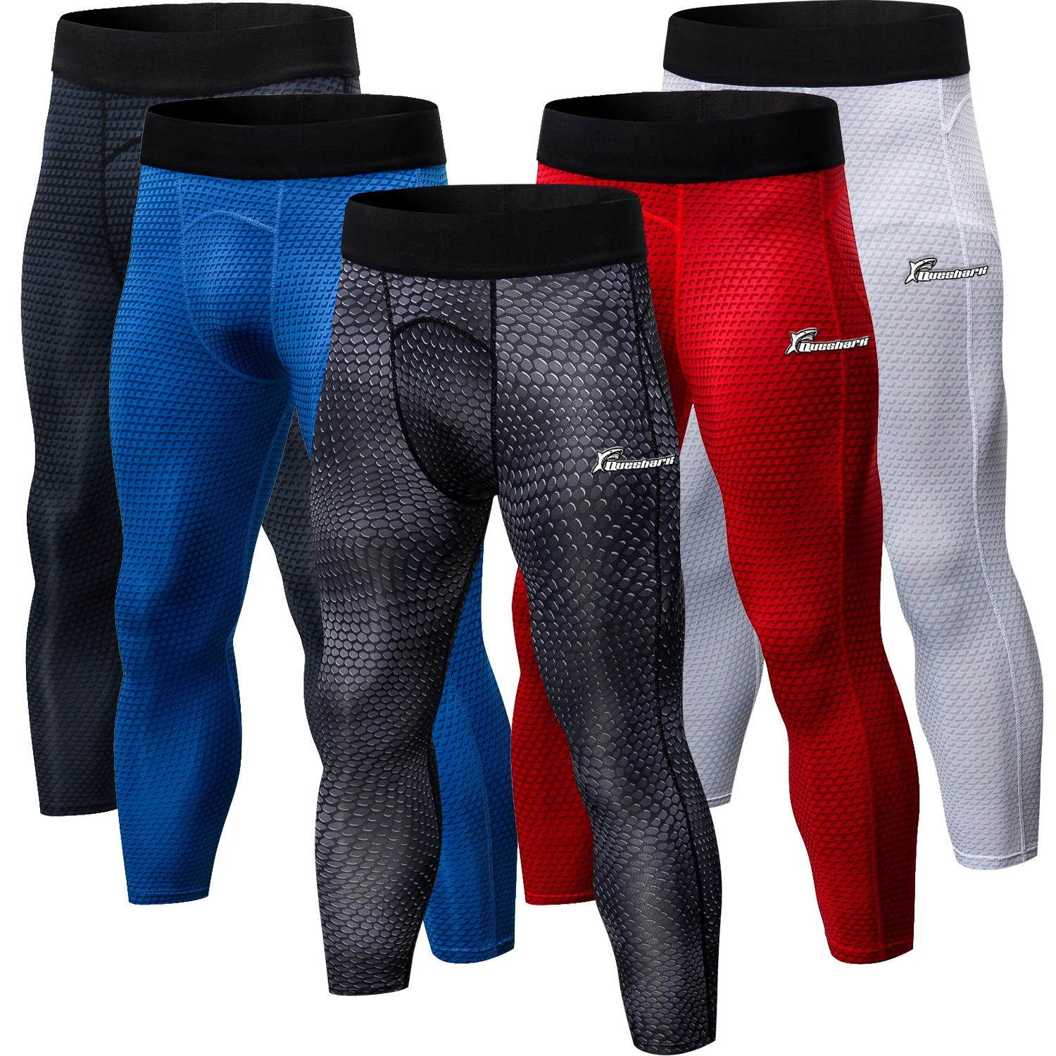 Queshark Professional Men Compression Dry Cool Sports Cropped Tights Pants Printing Baselayer Running Yoga Fitness Leggings