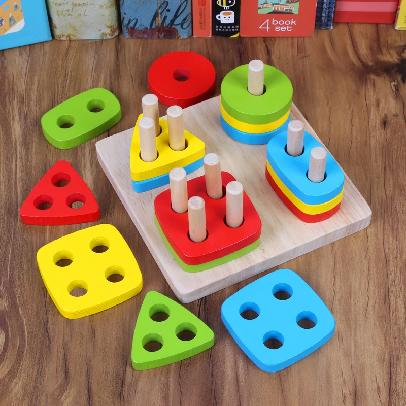 Wooden  Blocks Puzzle Toddler Toy Shape Sorter Preschool Geometry Stacking Game 