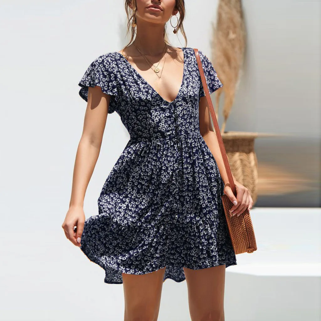Dress 2019Top  Womens Boho Floral Summer Party Evening Beach Short Mini Dress Sundress