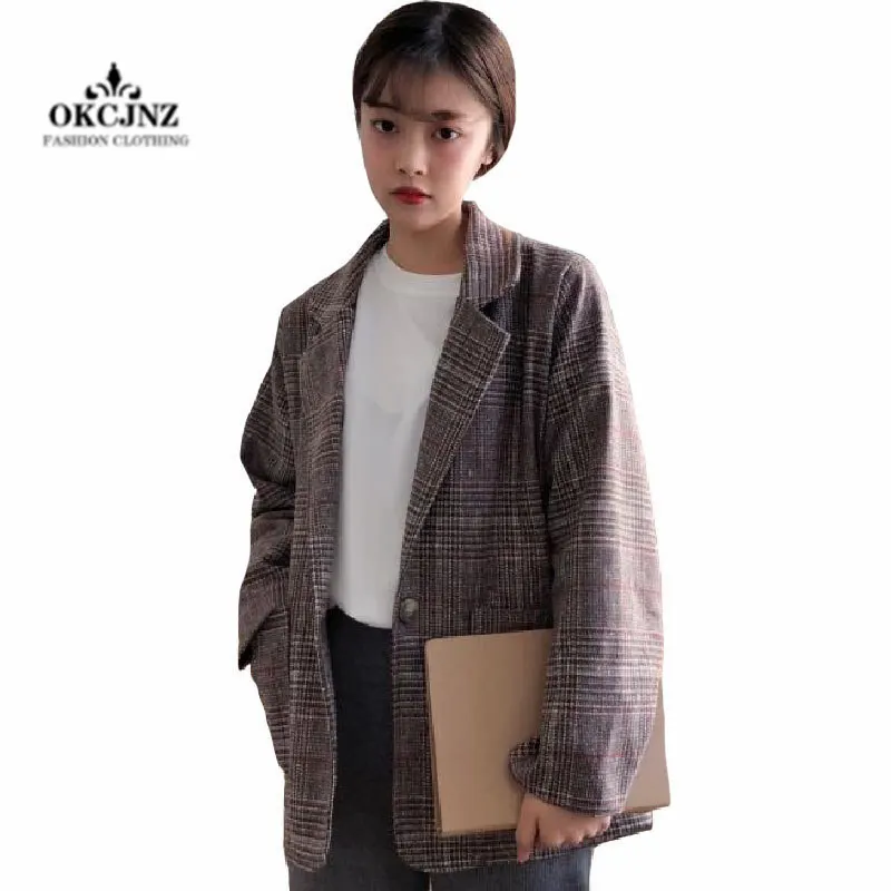 Spring Autumn Women's Korean Version of The Loose Retro British Plaid Jacket Lapels Suit Student Long-sleeved Casual Coat X0314 | Женская