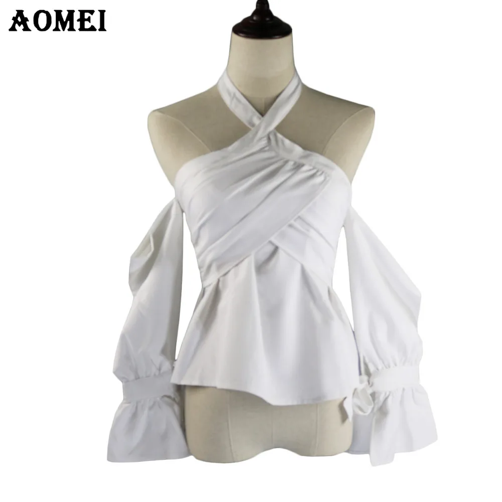 

Summer Off the Shoulder Tops Blouse 2020 New Halter Black Flare Sleeve Lady Pleat Invisible Zipper Slim Fashion Shirts Blusas