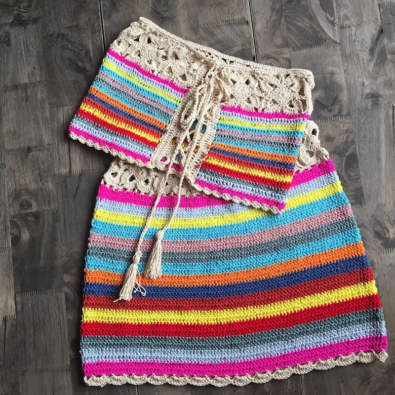CROCHET BIKINI Fashion Colorful Lace Crop Top and High Waist Skirt Set Summer Beach Swim Bathing Suit Cover Beachwear Multi