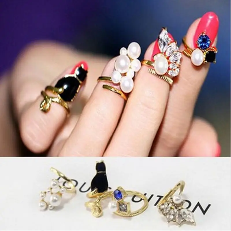 

Set Vogue Nail Rings4Pcs/Set Chic Knuckle Rings Unique style Black Cat Crystal Pearl Rings New Fashion Jewelry For Women