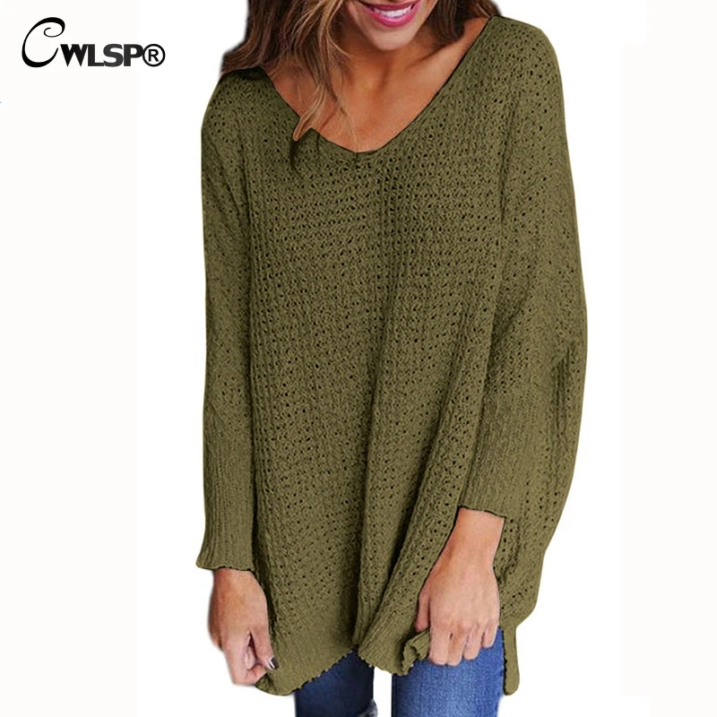 CWLSP Autumn Winter Women V neck Knitted Sweater Loose Long Sleeve Side Split Pullovers  QZ2334