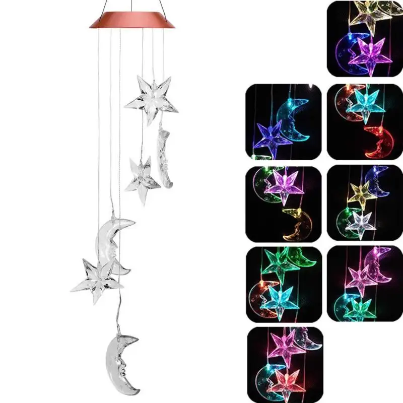

Solar LED Color Changing Sun Moon Wind Chimes Light Outdoor Waterproof Hanging Lamp for Garden Courtyard Decor