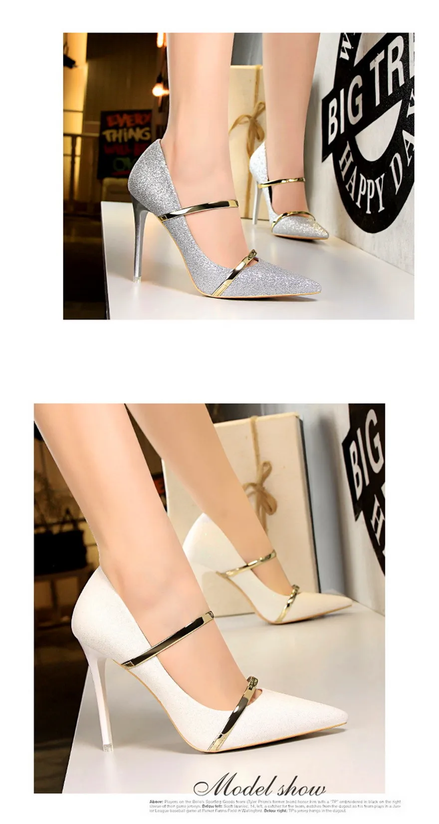 BIGTREE/расшитая блестками тканевая женская обувь Туфли-лодочки на высоком каблуке золотистого цвета с двумя ремешками элегантные вечерние свадебные туфли с острым носком для женщин