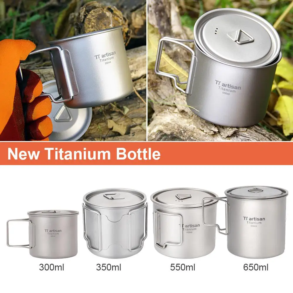 Titanium Cup Mug Pots Outdoor Tableware Camping Cup Picnic Water Cup Mug Of Coffee Tea With Lid Handle 300/350/550/650ml