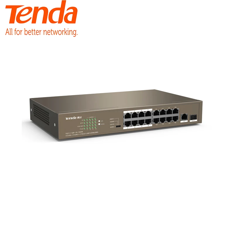 Tenda TEF1118P-16-150W коммутатор для интернет-сети 16 Порты, 135 W PoE источника питания