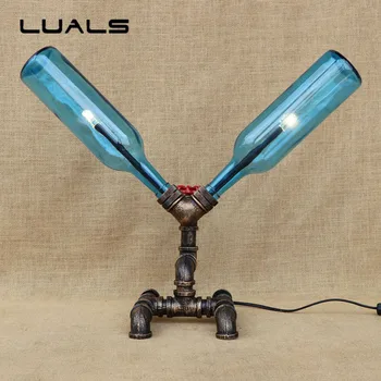 

Creative Loft Table Lamps Water Pipes Glass Bottle Led Desk Lamp Cafe Bar Retro Desk Light Living Room Bedroom Art Deco Lighting