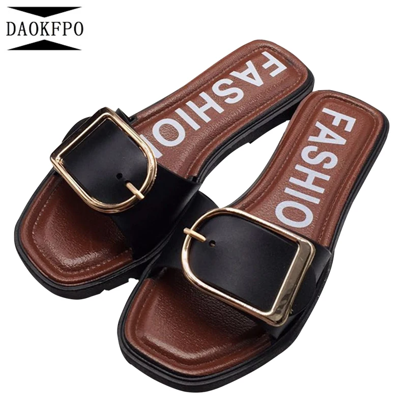 

DAOKFPO Brand Design 2018 Flats Sandals Woman Slippers PU Leather Ladies Flat slippers Casual Beach Shoes Non-slip slippers T-12