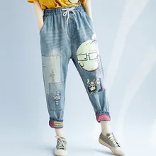 WELIVENICE Новинка года джинсы для женщин дамские шаровары для мотобрюки свободные патч открытые ботильоны синий мультфильм