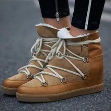 Зимние теплые кожаные ботинки на танкетке с подкладкой из овечьей шерсти зимние ботильоны женская обувь с двумя шнурками на каблуке 8 см повседневная обувь Прямая поставка