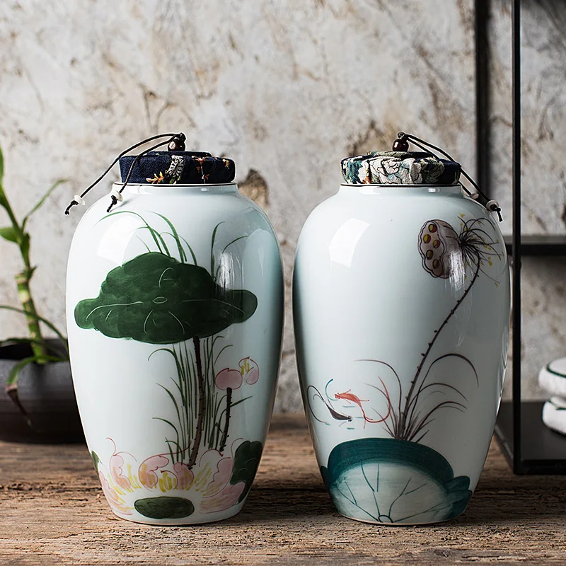 henghou Beautiful Handmade Landscape Shadow Blue Ceramic Tea Jar Art