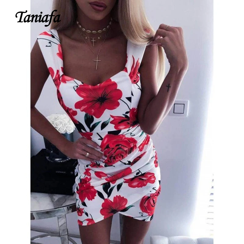 

2020 New Fashion Women Low Cut Backless Sleeveless Mini Party Dresses Summer Casual Floral Print Pleated Dress Bodycon