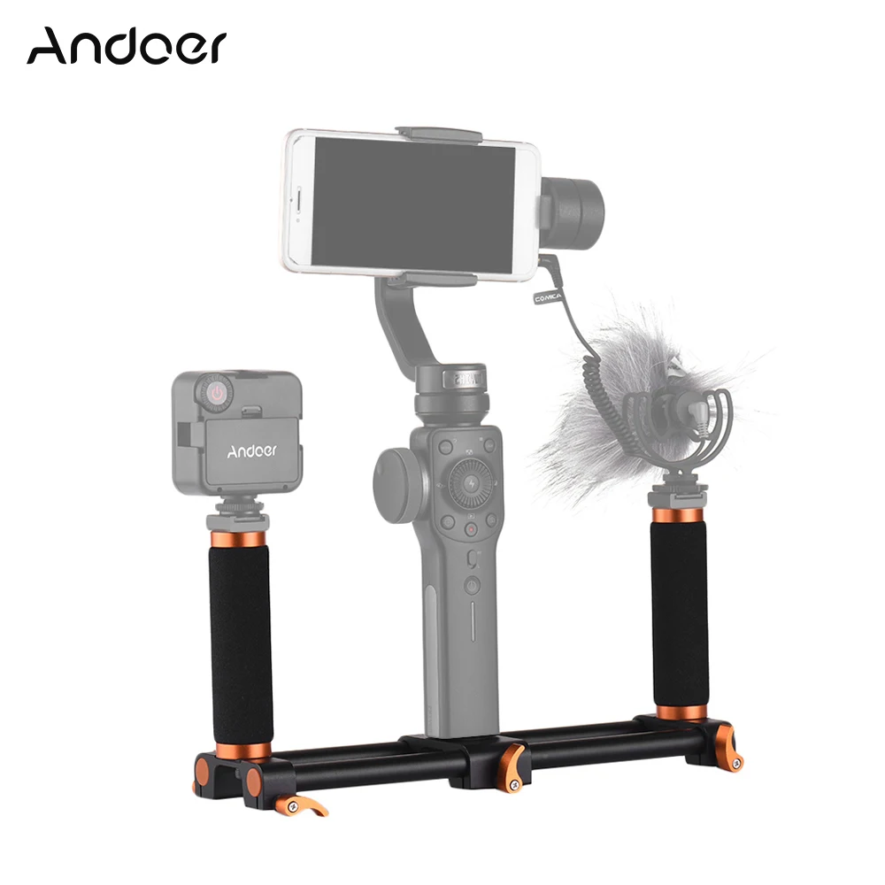 

Andoer Dual Handheld Grip Bracket Kit Double Hot Shoes Gimbal 1/4 Inch Screw Mounts Extended Handle for Zhiyun Feiyu Stabilizer