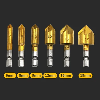 

6pcs CounterSink Drill Bit Set Hexagonal Shank HSS Chamfer Woodworking Hole Opener Cutter Tools 1/4inch 6-19mm