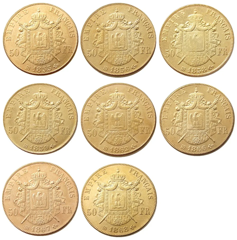 

France A Set Of(1855-1868)B 8pcs 50 Francs Napoleon III Gold Plated Copy Decorate Coin