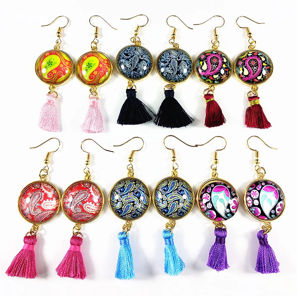 

Jiangzimei 24pairs 2019 New Design Red Blue Pink Rose Colorful Cashew Flower Bandanna Glass cabochon Tassels Earrings for women