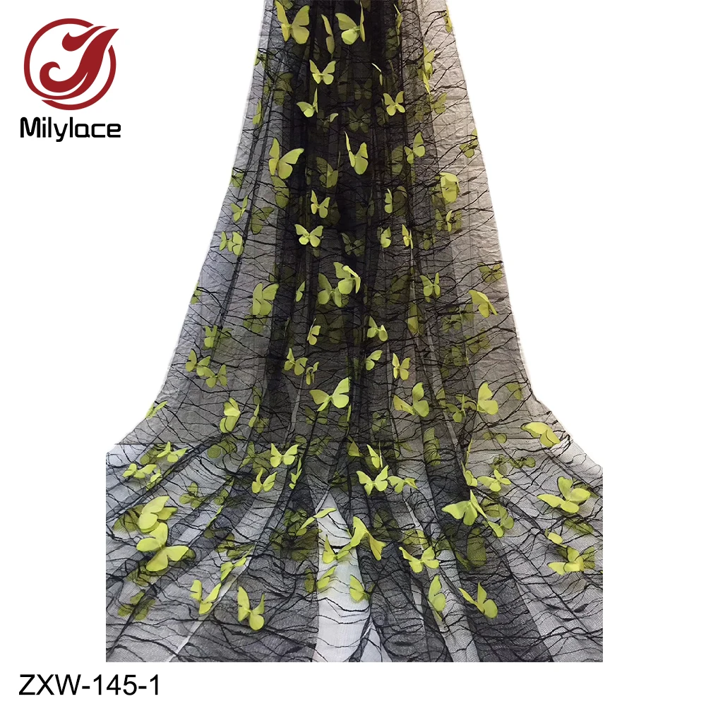 

High Class Lace Fabric with 3D Butterfly Decals French Tulle Net Lace Fabric 5 Yards Per Lot for Dress ZXW-145